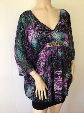Jennifer Lopez Embellished Butterfly Sleeve sheer chiffon shell colorful medium